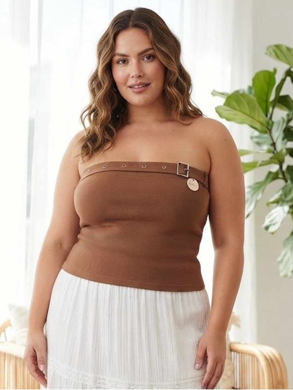 Bloom Seasons Curvy Strapless Buckle Ribbed Knit Top - Brown